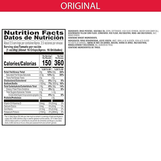 Pringles Potato Crisps Chips, Lunch Snacks, Office and Kids Snacks, Grab N' Go, Original (12 Cans)