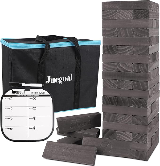 Juegoal 54 Piece Giant Tumble Tower Grey for Adult Kids Family, Wooden Block Stacking Game with Gameboard & Canvas Bag, Outdoor Games for Backyard Lawn Party Playing, 6.9 x 6.9 x 24 Inches,X-Large