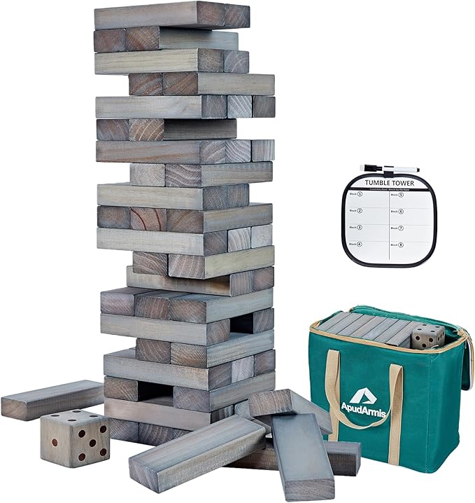 ApudArmis 54 PCS Tumble Timber Set Stack to 3FT, Pine Wooden Tumble Tower Game with Dice and Scoreboard Set - Classic Block Stacking Board Game for Teens Children Teenagers (Gray)