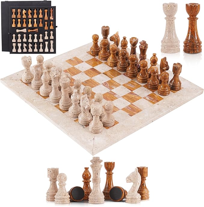 Marble Chess Set 15 Inch Travertine & Brown Checkers Board Game with Pieces, 2 Extra Queens and Storage Box, Strategy Set for Adults & Family, Travel, Tabletop Play