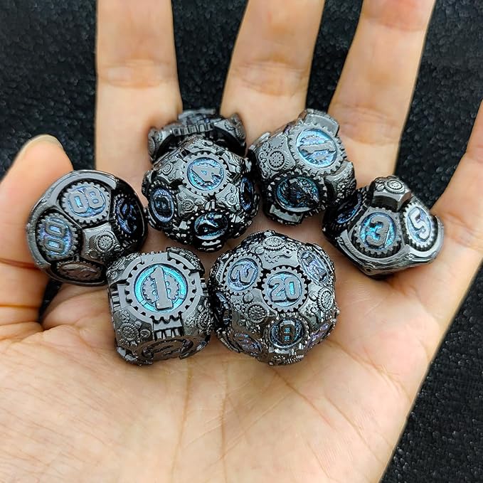 Geakeeper Construct D&D Dice, Metal DND Dice Set, 7Pcs Polyhedral Dragon Metallic D&D Dice with Gift Case for Dungeons and Dragon Game, RPG Role Playing Table Game Gifts (Rolling Blue)