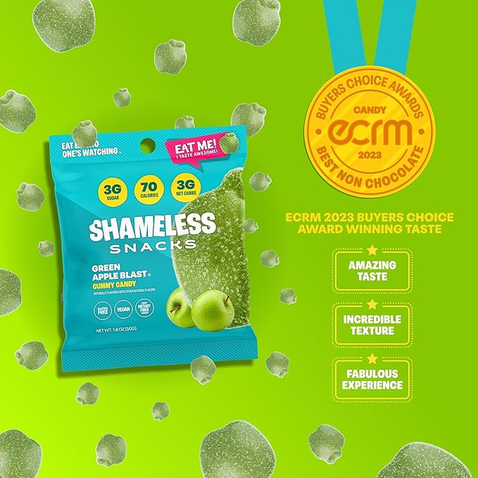 Shameless Snacks - Healthy Low Calorie Snacks, Low Carb Keto Gummies (Gluten Free Candy) - 6 Pack Green Apple Blast