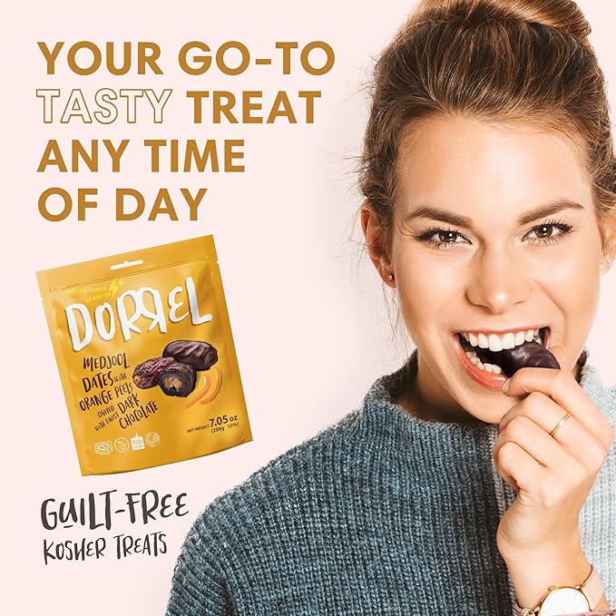 DORREL - Belgian Dark Chocolate Covered Dates (Medjool) with Candied Orange Peels Stuffing, High Energy Vegan Choco Snack, Tasty, Kosher & Non-GMO, Pack of 3 Stuffed Chocolate Dates 7.05 oz / 200 g Ea