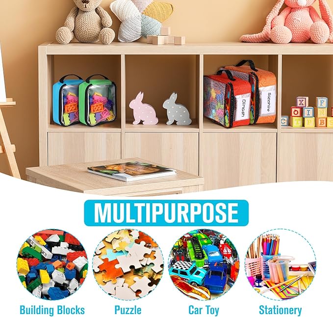 6 Pack Toy Storage Bags, Reusable Board Game Storage Bag with Visible Top, Label Slot, Manual Pocket&Handle, Travel Organizer Case for Bricks, Building Blocks, Puzzle, Car Toys, 3 Different Size