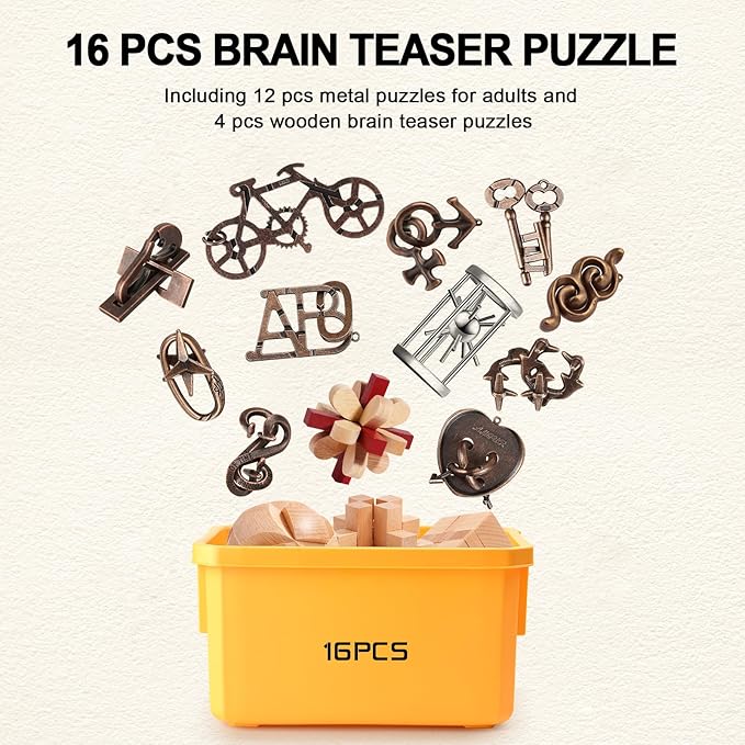 Brain Teaser Puzzles for Adults Disentanglement Puzzles Metal Wooden Brain Teaser Puzzle 16pcs Logic Metal Puzzle for Adult Kid Toy Lock Puzzles Gift for Adults Teenagers Kids