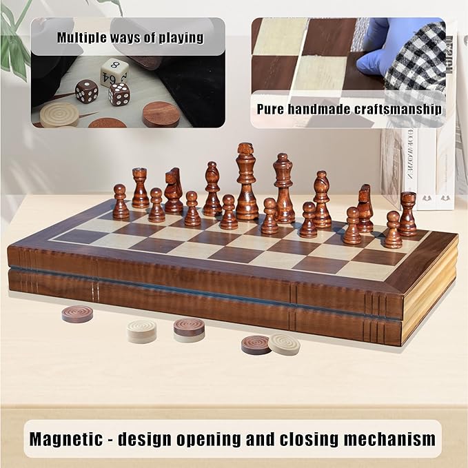 15.7 Inch Backgammon Sets, 3 in 1 Premium Wooden Game Sets,Including Checkers, Chess, and Backgammon for Adults and Kids