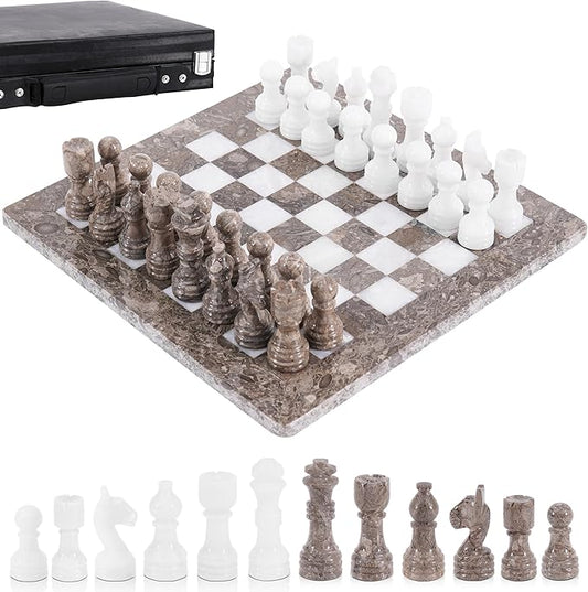 Radicaln Marble Chess Set 12 Inches Grey Oceanic and White Handmade Chess Sets for Adults - Travel Board Game for 2 Player Games - 1 Chess Board & 32 Chess Pieces - Chess Game