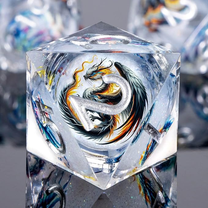 Dragon Pattern Liquid Core DND Dice Set, 7Pcs Sharp Edge D&D Dice with Gift Box, White Resin Dungeons Dragons D and D Role Playing Dice D20 D12 D10 D8 D6 D4