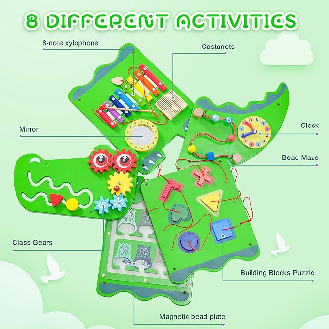 Crocodile Sensory Toys Activity Wall Panels, Educational Montessori Busy Board for Toddlers 18m+, Activity Cube - Sensory Wall, Wooden Learning Toys, Interactive Toys, Green
