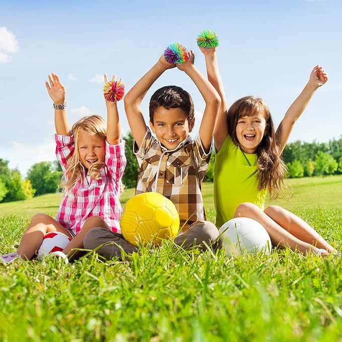 Leinuosen 12 Pieces Monkey Stringy Balls Sensory Stringy Ball Soft Rainbow Pom Bouncy Stress Bags Stuffers Party Favors Birthday Gifts, Multicolor (2.75 Inch)