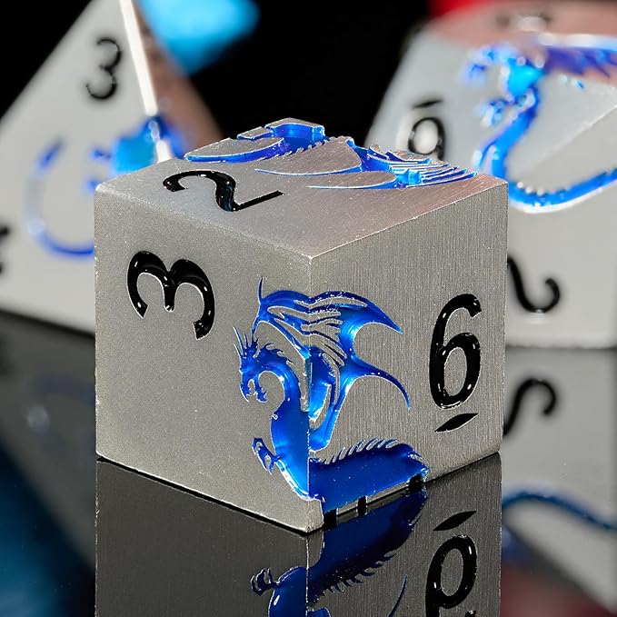 Metal DND Dice, HNCCESG Dragon Metallic D&D Dice Set 7 PCS for Dungeons and Dragon TTRPG Games, Polyhedral RPG Dice Set with Gift Box(Matte Silver Blue)