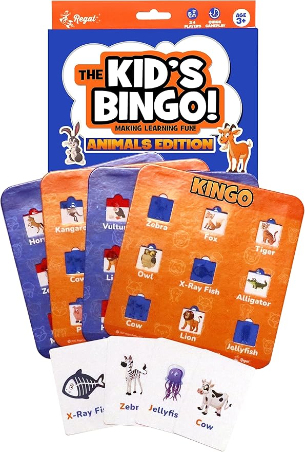 Regal Games Kingo Animals Edition Bingo Set - Fun Educational Word Games for Preschool & Kindergarten Kids - Learning Games for Family & Classroom - Vocabulary Builder, Phonics & Sight Word Games