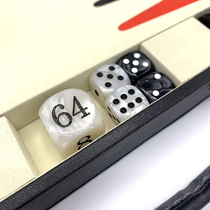 Luck Lab Backgammon Pearl Dice Set - 22 mm Doubling Cube and Four 16 mm Dice with Bonus Storage Bag, Black/White Marbleized
