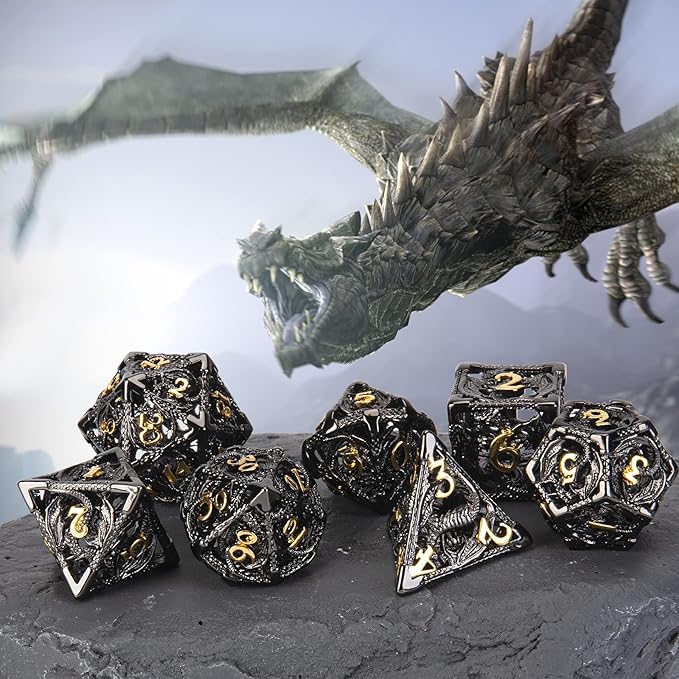 DND Dice,Hollow D&D Metal Dice,Dungeons and Dragons Dice Set with Gift Box,7 PCs Steampunk Polyhedral Dice Games Set for RPG,MTG,Pathfinder, (Dragon Black Golden)