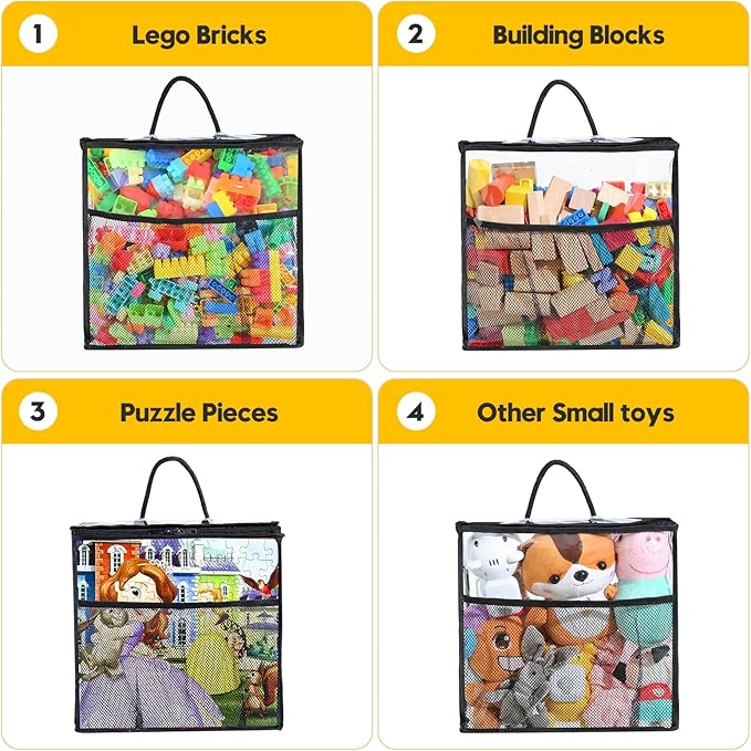 10 PCS Clear Zippered Toy Storage Bags with handle, Kids Toy Storage Organizer with Mesh Pocket for Instructions, Playroom Toy Organizer Plastic Storage Bags for Blocks Set Puzzles,Small Toys