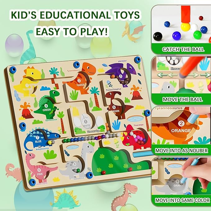 Mom&myaboys Toddler Montessori Wooden Puzzle Activity Board for 3-6 Year Old - Fine Motor Skills Maze Toys, Number and Color Maze Board - Dinosaur Gifts