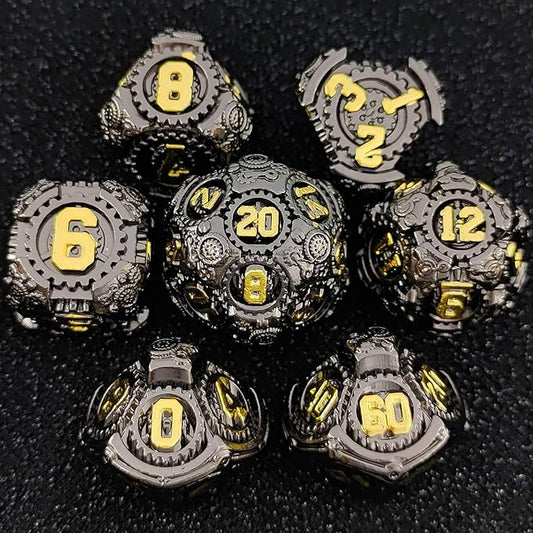 Geakeeper Construct D&D Dice, Metal DND Dice Set, 7Pcs Polyhedral Dragon Metallic D&D Dice with Gift Case for Dungeons and Dragon Game, RPG Role Playing Table Game Gifts (Black Gold)