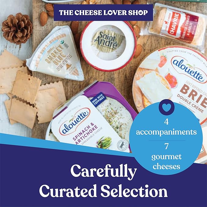 The Cheese Lover Shop Holiday Gift Box Party of 12, Cheese Platter with 7 Gourmet Cheeses with 4 Accompaniments, Cheese Sampler Gift Set