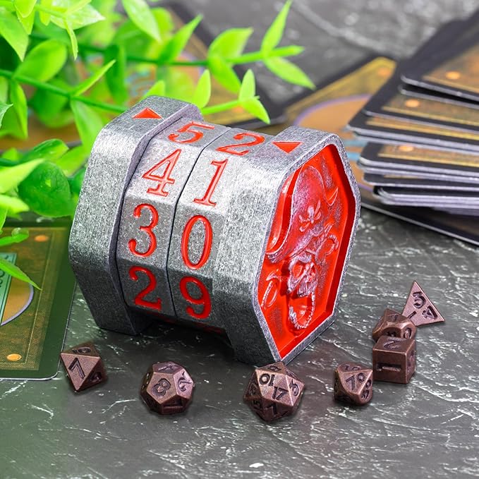 MTG Life Counter Wheel Metal Life Counter MTG Tracker, Mini Dice Set, Gift Box Packaging for Cards, MTGs Compatible Board Games, DND Game Accessories (Nickel_Red)