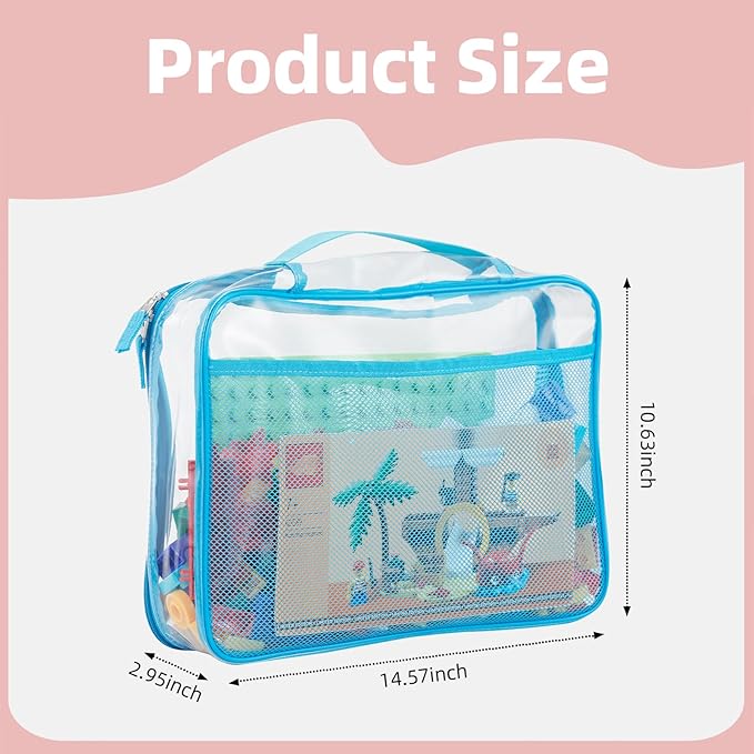 4-Pack PVC Waterproof Toy Storage Bags(Label, 10 Memo Cards), Large 13.8" x 3.2" x 10" Clear Double Zipper Organizing Bags with Handle, Magnetic Tiles Blocks Board game Storage Organizer Case