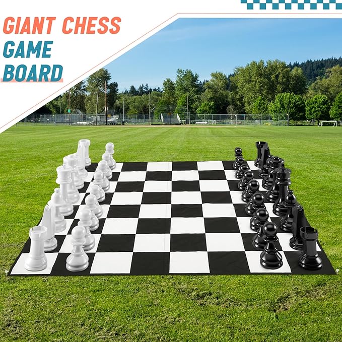 9x9ft Giant Chess Game Mat Nylon Board Mat for Outdoor with 4 Ground Nails and Storage Bag, Compatible with 25 37 49 Inch Giant Chess Sets and 10 Inch Large Checkers, Checker Not Included