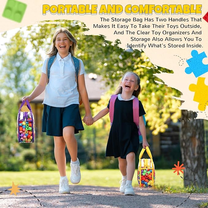 Sanwuta 4 Packs Large Toy Storage Bags Reusable Clear PVC Organizing Case Bags with Two Handles Waterproof Toy Container for Board Games, Building Blocks, Puzzles, Small Toys and Kids Books(Bright)