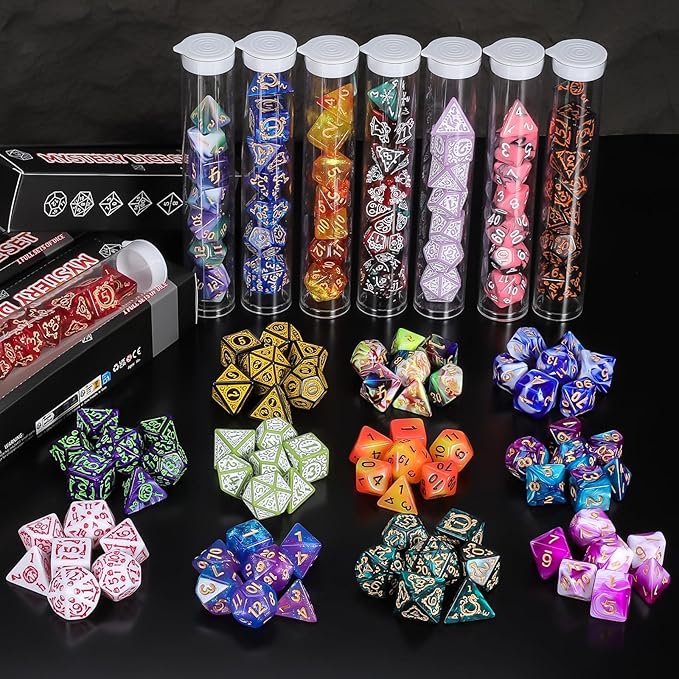 QMAY Mystery Dice Box - 48PCS DND Dice Set, Random Dice Patterns, 6 Surprise Boxes, Polyhedral Dice with Dice Display Tube, D&D Gifts Box for Dungeons and Dragons, RPG, MTG,Role Playing Table Game