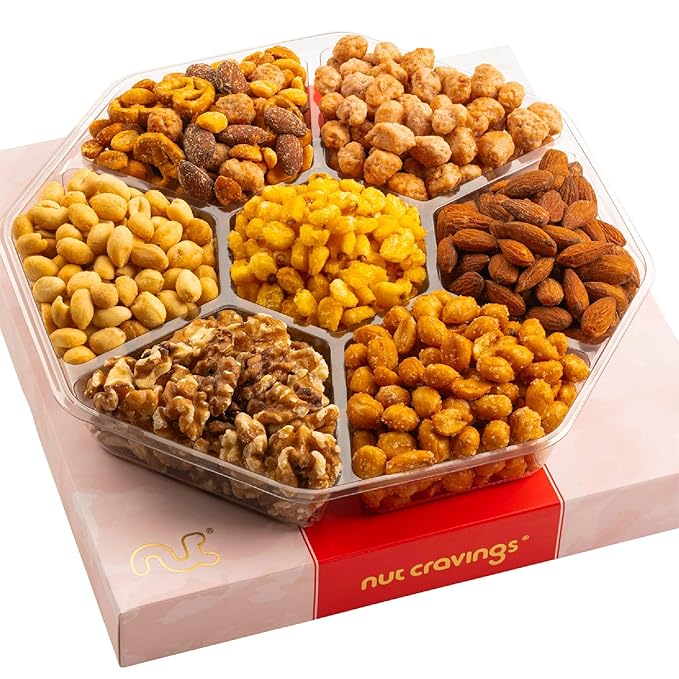 NUT CRAVINGS - Mixed Nuts Gift Basket in Red Gold Classic Box (7 Assortments, 1 LB) Food Arrangement, Healthy Snack Care Package, Kosher
