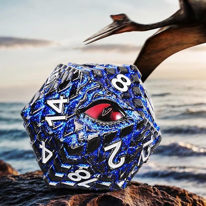 Metal D20 DND Dice Set - Dragon Scale Metallic 20 Sided Giant Polyhedral Dice,35mm Large Dragon Eye Metal D&D Dice Set for Dungeons and Dragon Tabletop Game(Blue Glitter Dragon Scale)