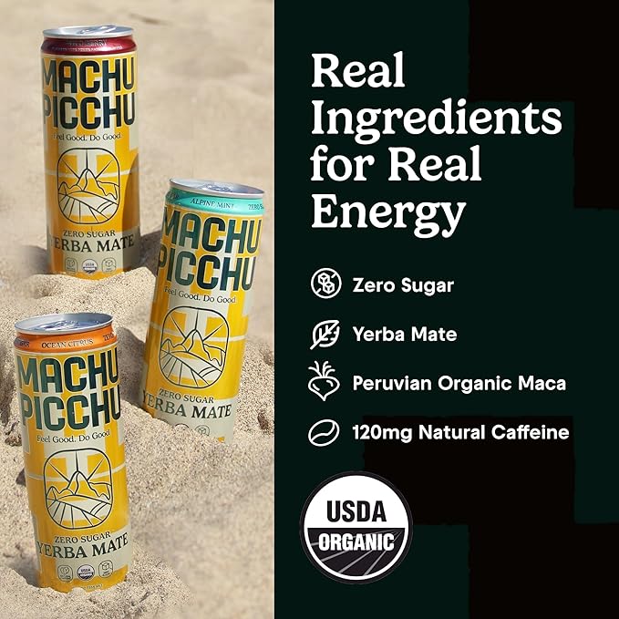 MACHU PICCHU ENERGY, Zero Sugar Yerba Mate, Clean Energy Drink Alternative, 12oz (Pack of 12) - 120mg Organic Green Coffee Bean Caffeine, Low Calorie, USDA Organic, No Artificial Flavors (Wild Berry)