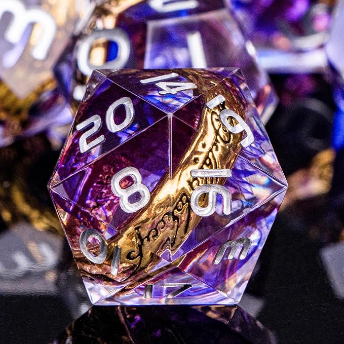 Magic Golden Ring DND Dice Set with Box, Purple Sharp Edge Handmade Lord D and D Polyhedral Dice for use with D&D Tabletop Games RPG, D20 D12 D10 D8 D6 D4