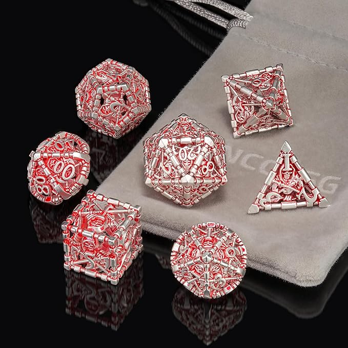 DND Dice Set,HNCCESG DND Hollow Polyhedral Dice Red White Grim Reaper Metal 7Pcs Dice Set with Gift Box for Dungeons and Dragon Tabletop Game for MTG RPG(Matt red White)