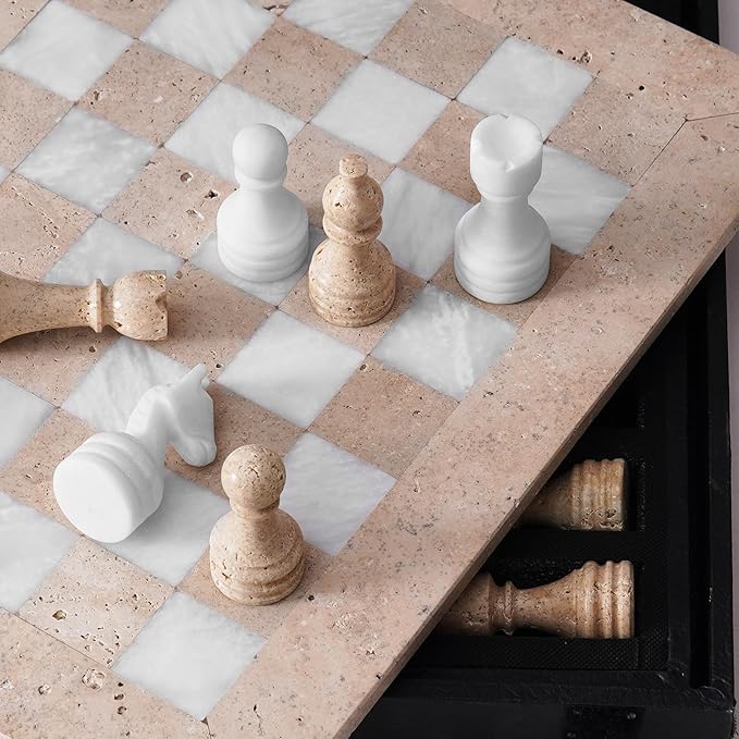 Marble Chess Set 15 Inch Travertine & White Checkers Board Game with Pieces, 2 Extra Queens and Storage Box, Strategy Set for Adults & Family, Travel, Tabletop Play