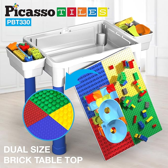PicassoTiles Kids Activity Center Play Table & Study Desk Set Sandbox Water Tight Container Storage All-in-1 STEM Toy Kit Playset with 331pc Dual Size Building Bricks Construction Blocks Marble Run