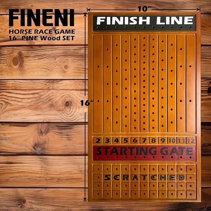 Horse Racing Game for Adults - 11 Luxurious Metal Horses (Silver, Black, Rose Gold), 16" Dark Pine Wood Race Board, Dice & Card Included (Dark Color)