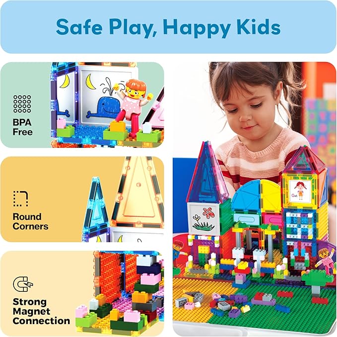 PicassoTiles 585pc Kids Activity Table with Magnetic Tiles and Bricks STEM Pretend Play Learning with Reversible Brick Whiteboard Tabletop Storage Bins and Extra Add-On Toys Boys Girls Ages 3+ PBT585