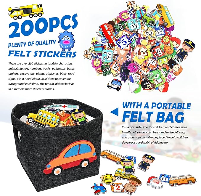 200 PCS Felt Board Story Set for Toddlers with Storage Bag City Traffic Themed Flannel Sensory Board Wall Interactive Storytelling Teaching Play Activity Kits 40x28 inch(Lightgrey)