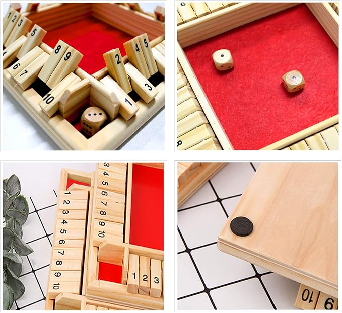 DC-BEAUTIFUL Shut The Box Dice Game, 2-4 Players Classic Board Game for Adults, Wooden Tabletop Game with Dices and Instruction,Math Strategy Game for Christmas Party (Red)