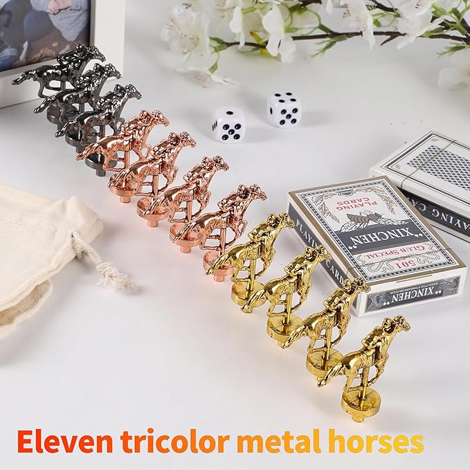 Large 21 inches Horse Racing Board Game Thickened Solid Wood with 11 Luxurious Durable Classic Metal Horses Including Dice and Cards Finish LINE Race Game Set (Large, Burning)