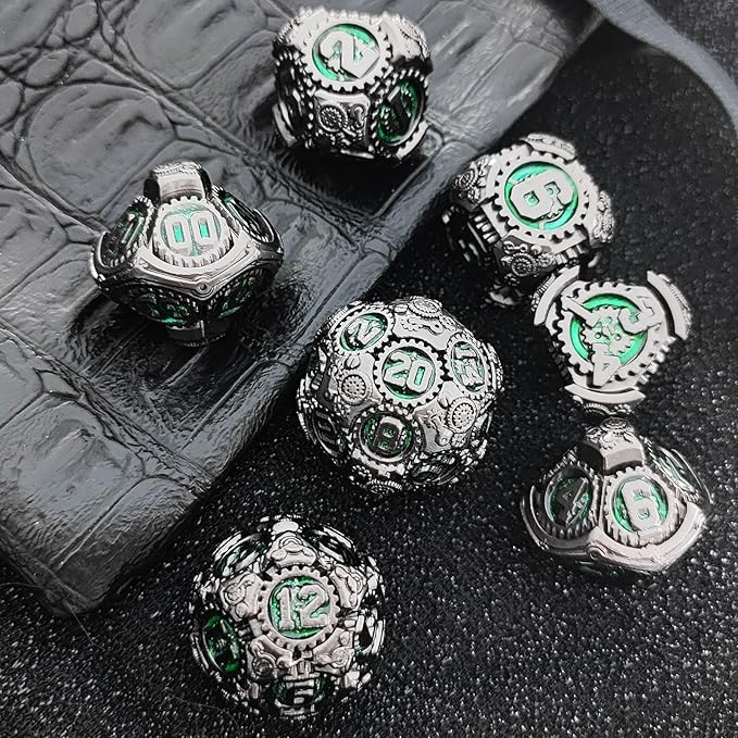 Geakeeper Construct D&D Dice, Metal DND Dice Set, 7Pcs Polyhedral Dragon Metallic D&D Dice with Gift Case for Dungeons and Dragon Game, RPG Role Playing Table Game Gifts (Black Nickel Green)