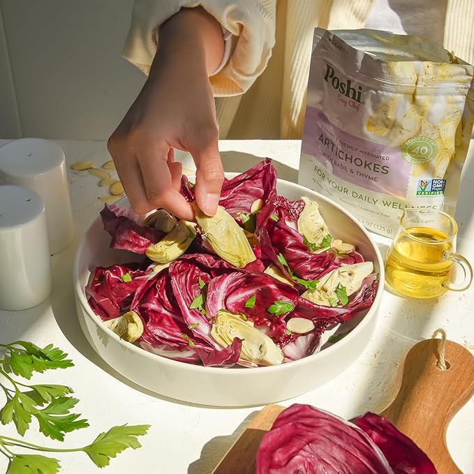POSHI Marinated Artichoke Hearts with Basil + Thyme Natural, Keto, Vegan, Non GMO, Low Carb + Calorie, Gluten Free Ready to Eat Fully Cooked Vegetables, Pentry Food, Gourmet, Healthy 6 Pack, 4.4 oz