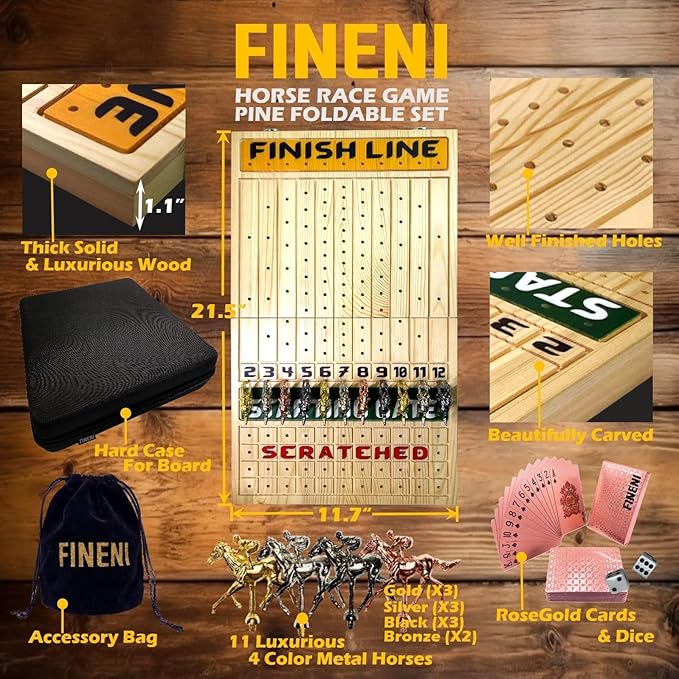 Horse Racing Game for Adults, Foldable Horse Race Board Game with 11 Luxurious Metal Horses (Gold, Silver, Black, RoseGold), 22” Pine Wood Horse Race Game Board, Dice & RoseGoldCard (Log Color)