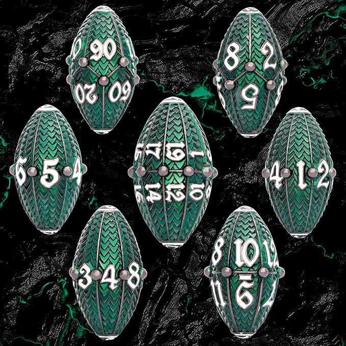 ARUOHHA DND Metal Dice Black Green Dragon Egg Dice with Rotating Dragon Egg Shell, Role Playing Game RPG Polyhedral D and D Dice Set D20 D12 D10 D8 D6 D4