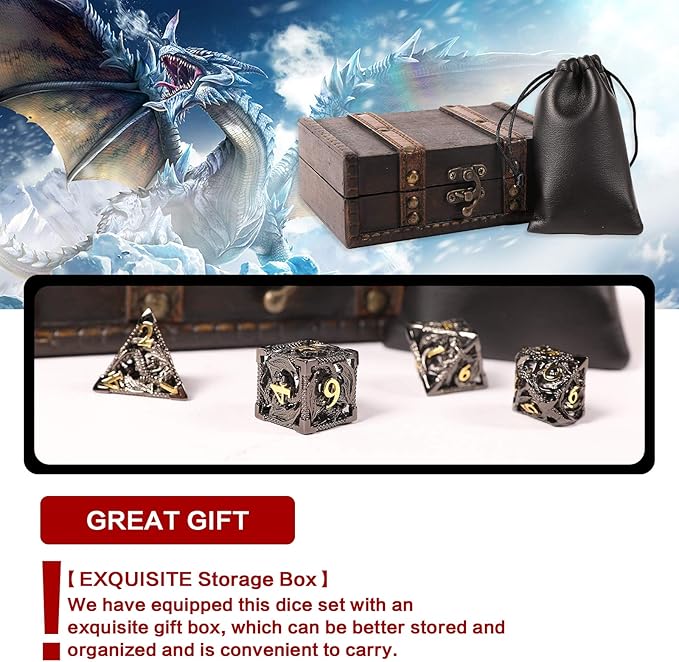 AncientDeer DND Dice Set 7 Pieces D&D Pure Copper Hollow Polyhedral DND Dice W/Gift Box & Dice Bag for DND RPG Explorers Savage World and Table DND Dungeons and Dragons Role Playing