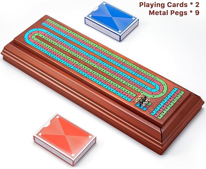 Wooden Cribbage Board Game Set with Large Storage Area,9 Metal Pegs & 2 Playing Cards Continuous Solid Wood 3 Track Board Travel Portable Cards Games for Adults Family