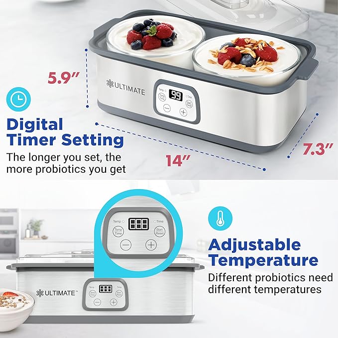 Ultimate Probiotic Yogurt Maker with Adjustable Time & Temp Control - Make Trillions of Live Probiotics with Two 1-Quart Containers for Larger Batches - Greek Yogurt Maker - ULTIMATE LIFETIME WARRANTY