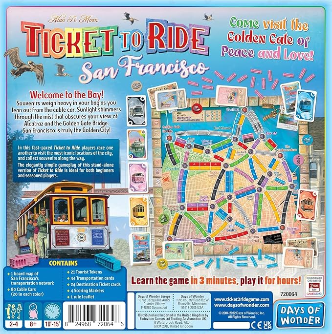 Ticket to Ride San Francisco Board Game - Fast-Paced Railway Adventure in The City by The Bay! Fun Family Game for Kids & Adults, Ages 8+, 2-4 Players, 10-15 Minute Playtime, Made by Days of Wonder