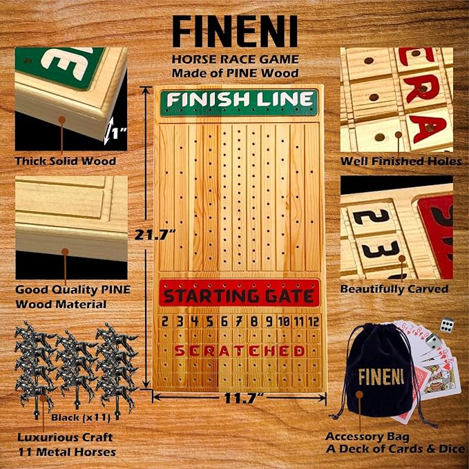 Horse Racing Board Game with Luxurious Durable Metal Horses, 11 Pieces, Black, Real Pine Wood Horseracing Game Board, Dice and Cards