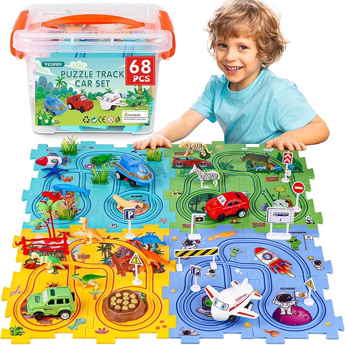 VESPRO 4 Series Toddler Car Track Set, 68PCS Kids Car Track Play Set, Educational Puzzle Toys for Kids Ages 3+ Boys and Girls