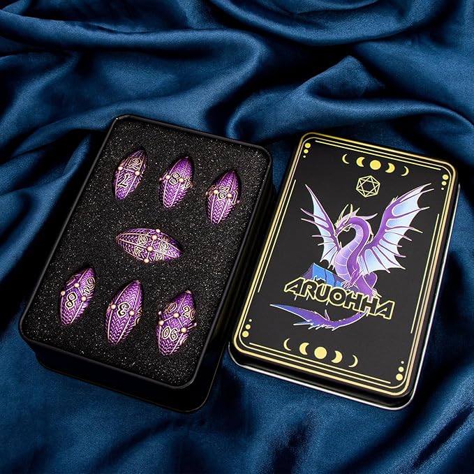 ARUOHHA DND Metal Dice Copper Purple Dragon Egg Dice with Metal Box, Role Playing Game RPG Polyhedral D and D Dice Set D20 D12 D10 D8 D6 D4